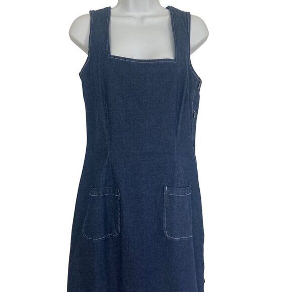 Vintage Boutique Europa Denim Maxi Dress 12 Side Buttons Pockets Stretch NWOT - Picture 2 of 11